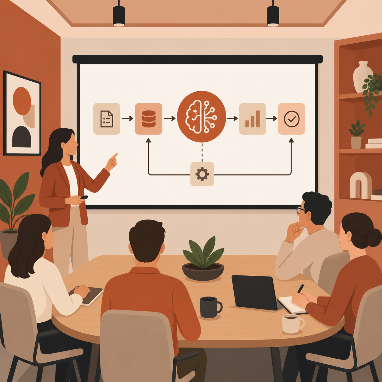 Sala de reunião com fluxo de IA